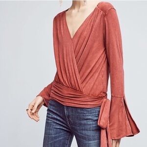 ANTHROPOLOGIE Deletta Sirpo Rust Red Wrap Pullover Bell Sleeve Size XS